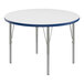 A white round Correll activity table with blue T-mold and silver legs.