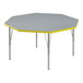 A Correll gray and yellow octagon activity table with silver legs and a yellow T-mold.