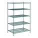 A green metal Regency wire shelving unit with four shelves.