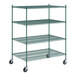 A Regency green wire shelving starter kit with four shelves.