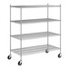A Regency stainless steel wire shelving unit with wheels.