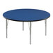 A Correll round activity table with a blue top and silver legs.