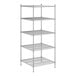 A wireframe of a Regency stainless steel wire shelving unit with four shelves.