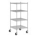 A Regency chrome wire shelving unit with wheels.