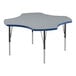 A gray and blue clover-shaped Correll activity table with black legs and blue trim.