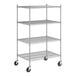 A Regency chrome wire shelving unit with wheels and four shelves.