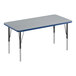 A rectangular table with a blue edge and black legs.