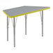 A grey and yellow trapezoid table with a grey top and yellow trim.