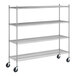 A Regency stainless steel wire shelving unit with wheels.