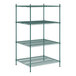 A green metal Regency wire shelving unit with four shelves.