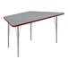 A grey rectangular table with red edges.