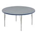 A Correll round table with a blue thermal-fused laminate top and metal legs.