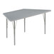 A grey trapezoid activity table with silver legs.