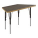 A trapezoid-shaped Correll activity table with walnut and black finishes.