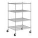 A Regency chrome wire shelving starter kit with wheels and four shelves.