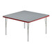 A grey square Correll activity table with a red edge and silver legs.