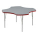 A gray and red Correll activity table with silver legs.