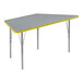 A grey and yellow trapezoid table with a grey top.