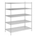 A wireframe of a Regency stainless steel shelving unit with five shelves.