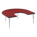 A red table with a curved half-moon shaped top and metal legs with black edges.