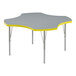 A gray high-pressure laminate activity table with a yellow edge.