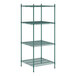 A green metal Regency wire shelving unit with four shelves.