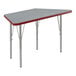 A grey rectangular table with red trim.
