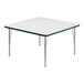 A white square Correll activity table with silver legs and a green edge.