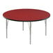 A red and black round Correll activity table with silver metal legs.