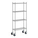 A Regency stainless steel wire shelving unit with wheels.