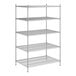 A wireframe of a Regency chrome stationary wire shelving unit with five shelves.