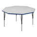 A white and blue hexagon activity table with black legs and blue trim.