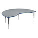 A grey and blue kidney-shaped Correll activity table with black legs and blue trim.