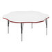 A white Correll activity table with a flower-shaped white dry erase board top with red edges.