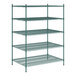 A green metal Regency wire shelving unit with 5 shelves.