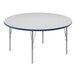 A white table with a blue edge.