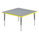 A grey square Correll activity table with black legs and yellow trim.