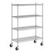A Regency stainless steel wire shelving unit with wheels.