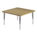 A square activity table with black metal legs and a fusion maple top.