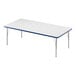 A Correll rectangular white activity table with blue T-Mold and metal legs.