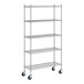 A Regency stainless steel wire shelving unit with wheels.
