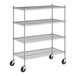 A Regency stainless steel wire shelving unit with wheels.