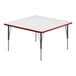 A white square table with black legs and red edge.