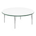 A white round table with a white surface and green trim on silver legs.