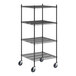 A Regency black metal wire shelving starter kit with wheels.