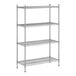 A wireframe of a Regency stainless steel wire shelving unit with four shelves.
