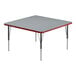 A square gray Correll activity table with red T-mold and metal legs.