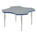 A grey rectangular Correll activity table with blue T-mold and silver legs.