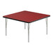 A red square Correll activity table with silver legs and black edge.
