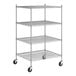 A Regency stainless steel wire shelving unit with wheels and four shelves.